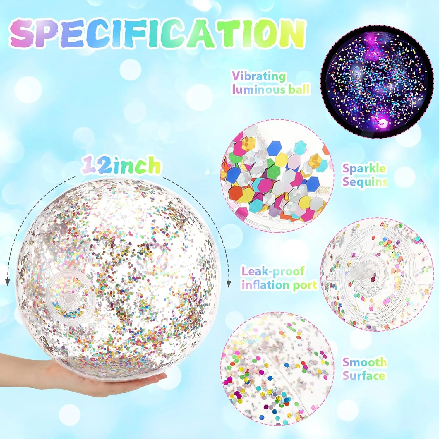 HyDren 4 Pack LED Light up Beach Ball 12 Inches Glow in The Dark Pool Balls Confetti Glitters Inflatable Light up Beach Ball Pool Toys for Teens Adults Summer Disco Party Favors(Blue, Red)