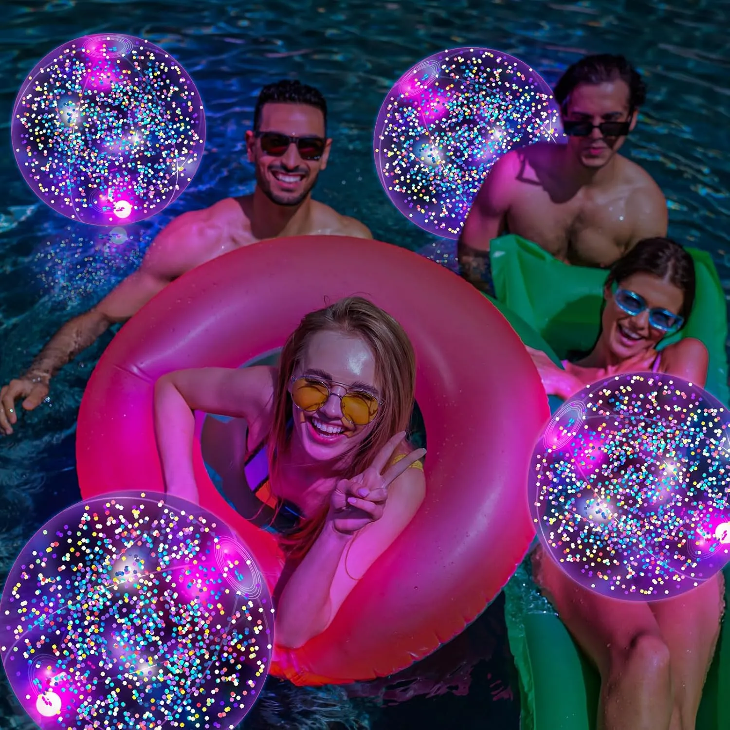 HyDren 4 Pack LED Light up Beach Ball 12 Inches Glow in The Dark Pool Balls Confetti Glitters Inflatable Light up Beach Ball Pool Toys for Teens Adults Summer Disco Party Favors(Blue, Red)