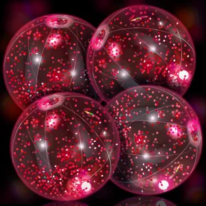 HyDren 4 Pack LED Light up Beach Ball 12 Inches Glow in The Dark Pool Balls Confetti Glitters Inflatable Light up Beach Ball Pool Toys for Teens Adults Summer Disco Party Favors(Rose Red, Pink)