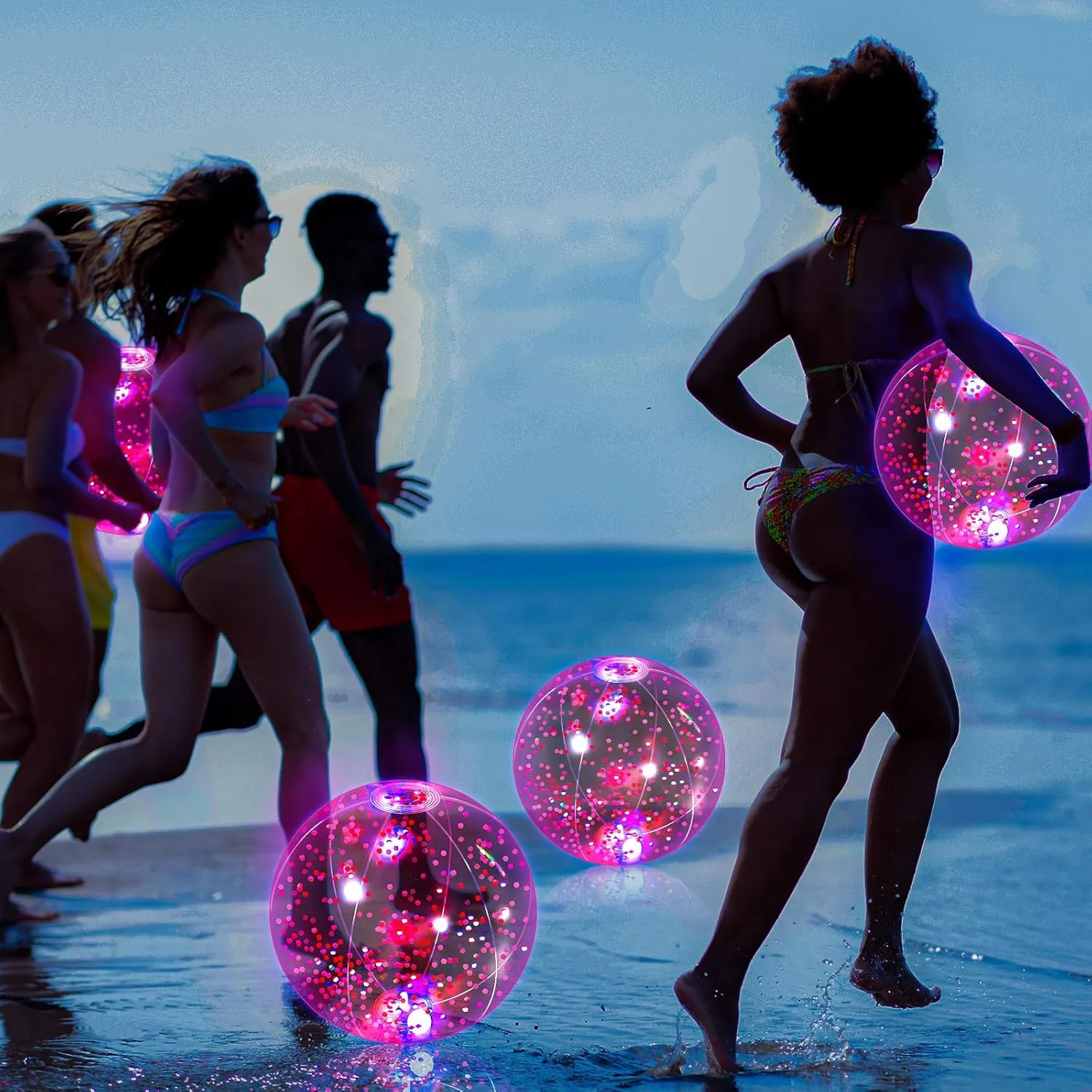 HyDren 4 Pack LED Light up Beach Ball 12 Inches Glow in The Dark Pool Balls Confetti Glitters Inflatable Light up Beach Ball Pool Toys for Teens Adults Summer Disco Party Favors(Rose Red, Pink)
