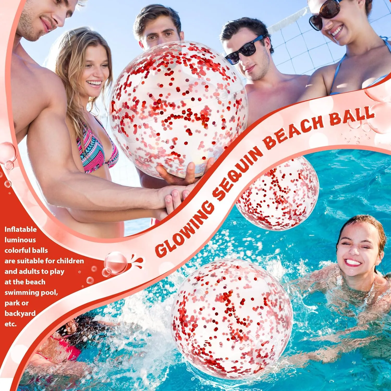 HyDren 4 Pack LED Light up Beach Ball 12 Inches Glow in The Dark Pool Balls Confetti Glitters Inflatable Light up Beach Ball Pool Toys for Teens Adults Summer Disco Party Favors(Rose Red, Pink)