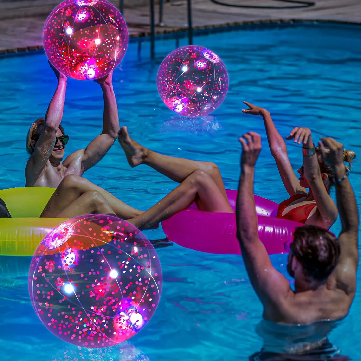 HyDren 4 Pack LED Light up Beach Ball 12 Inches Glow in The Dark Pool Balls Confetti Glitters Inflatable Light up Beach Ball Pool Toys for Teens Adults Summer Disco Party Favors(Rose Red, Pink)