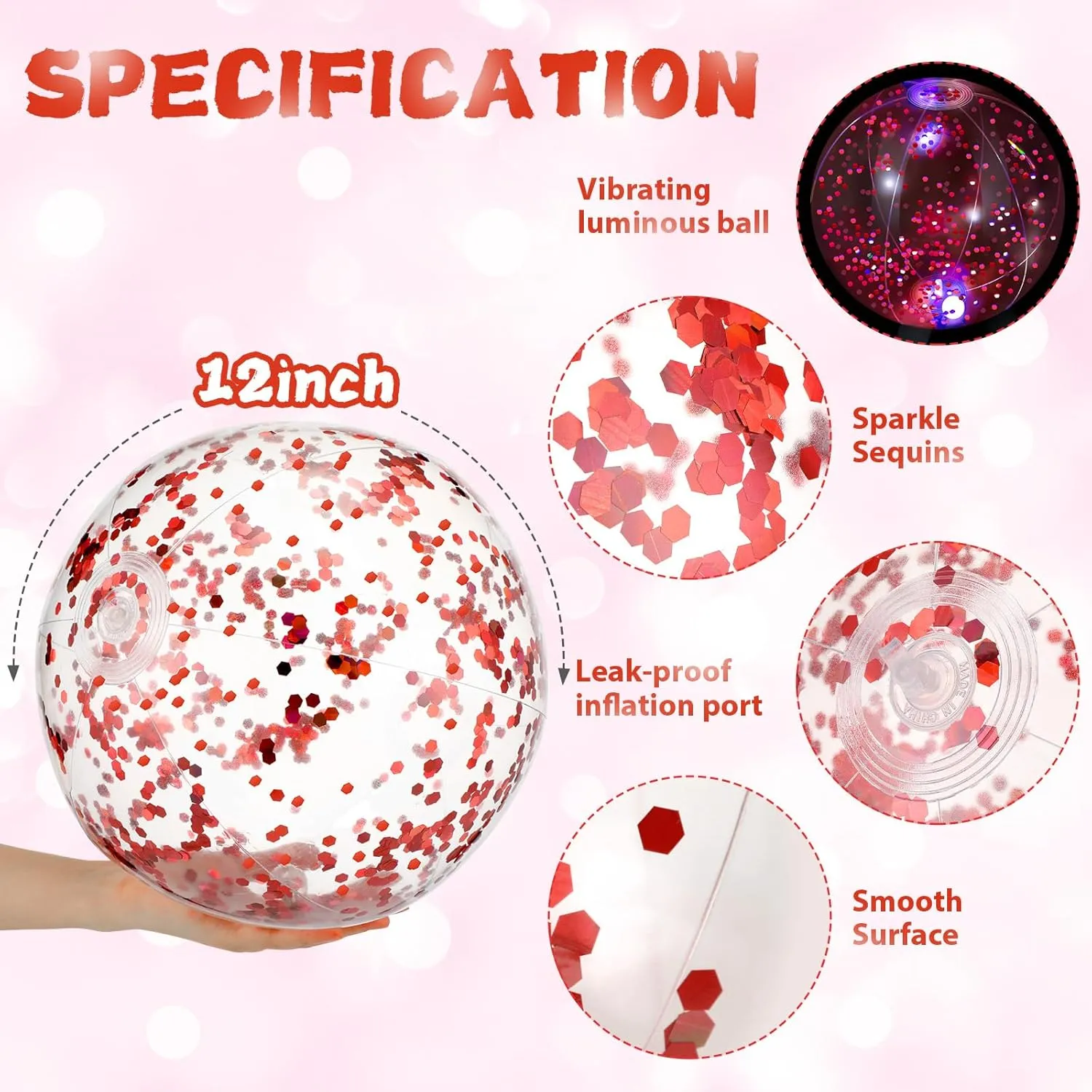 HyDren 4 Pack LED Light up Beach Ball 12 Inches Glow in The Dark Pool Balls Confetti Glitters Inflatable Light up Beach Ball Pool Toys for Teens Adults Summer Disco Party Favors(Rose Red, Pink)