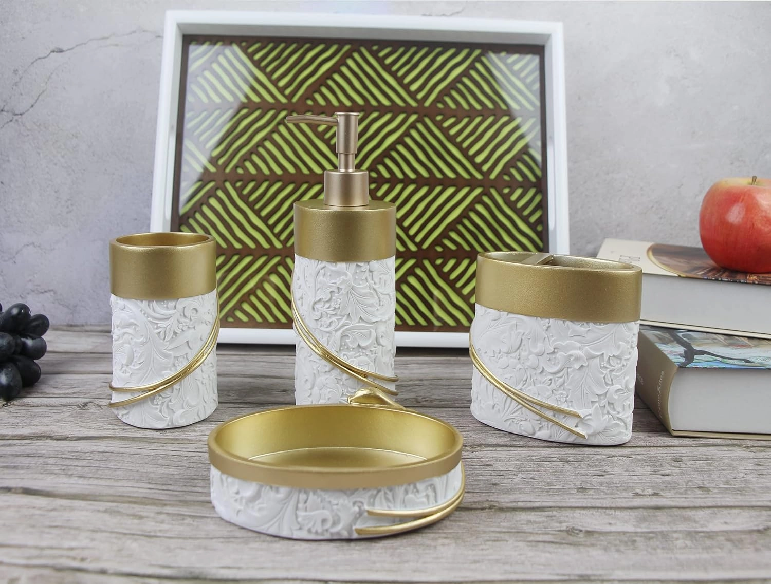 Hymmah Bathroom Accessories Set,Golden Design Toothbrush Holder,Farmhouse Bathroom Decor,4 Pcs Resin Gift Set Apartment Necessities, Contain Toothbrush Cup,Soap Dispenser,Soap Dish,Tumbler
