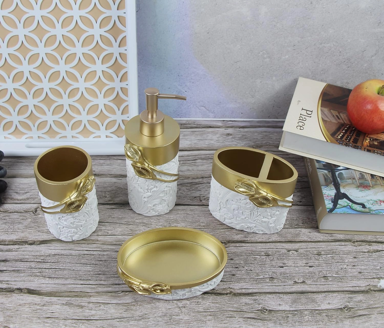 Hymmah Bathroom Accessories Set,Golden Design Toothbrush Holder,Farmhouse Bathroom Decor,4 Pcs Resin Gift Set Apartment Necessities, Contain Toothbrush Cup,Soap Dispenser,Soap Dish,Tumbler