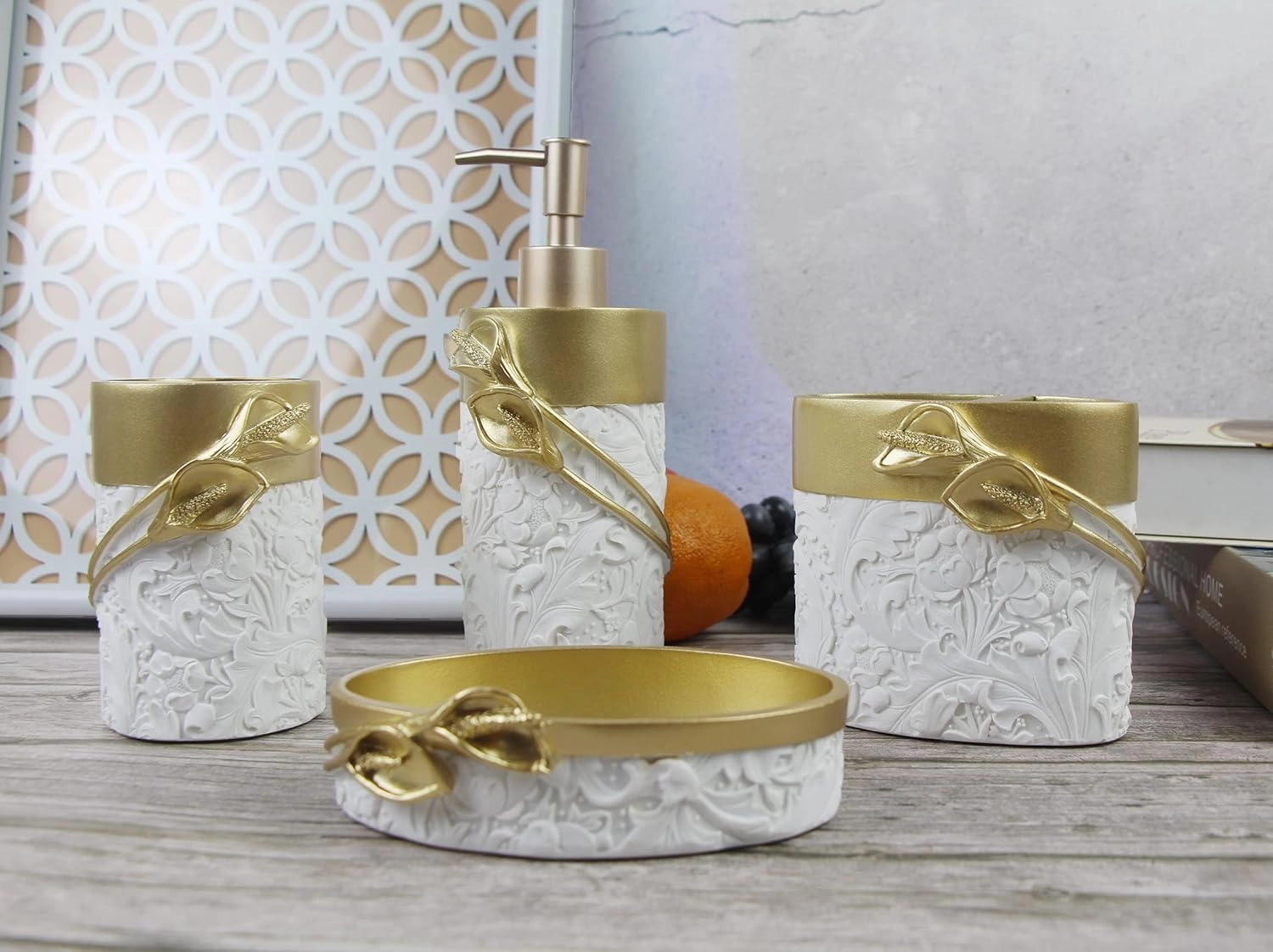 Hymmah Bathroom Accessories Set,Golden Design Toothbrush Holder,Farmhouse Bathroom Decor,4 Pcs Resin Gift Set Apartment Necessities, Contain Toothbrush Cup,Soap Dispenser,Soap Dish,Tumbler