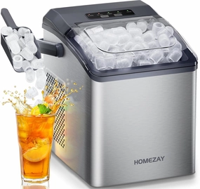 Ice Maker Countertop, 9 Cubes Ready in 6 Mins, 26 lbs per Day, Ice Machine with 2 Ice Sizes and Self-Cleaning, Portable Ice Maker with Handle for Home, Kitchen, Camping, RV, Office, Silver