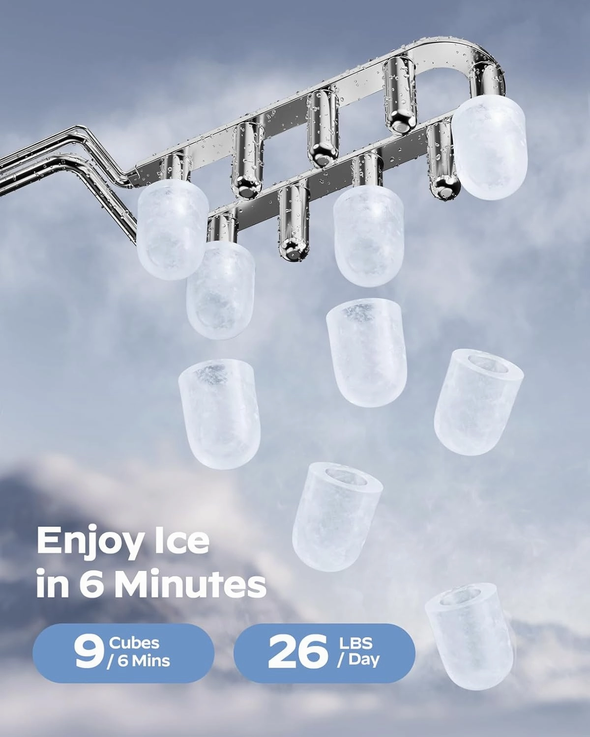 Ice Maker Countertop, 9 Cubes Ready in 6 Mins, 26 lbs per Day, Ice Machine with 2 Ice Sizes and Self-Cleaning, Portable Ice Maker with Handle for Home, Kitchen, Camping, RV, Office, Silver