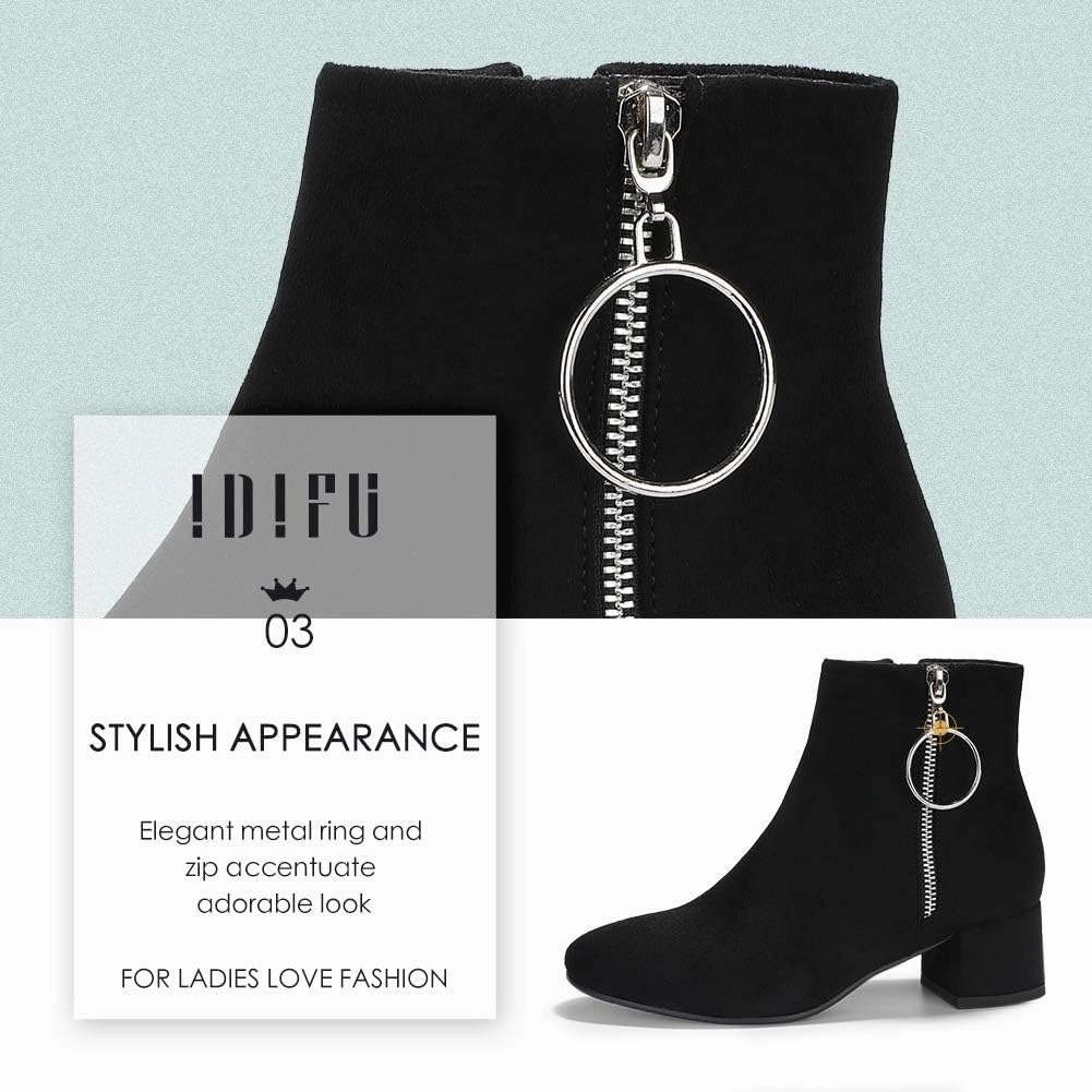 IDIFU Women Ring Zipper Ankle Boots 1.8 Inch Low Block Heels Round Toe Dress Booties