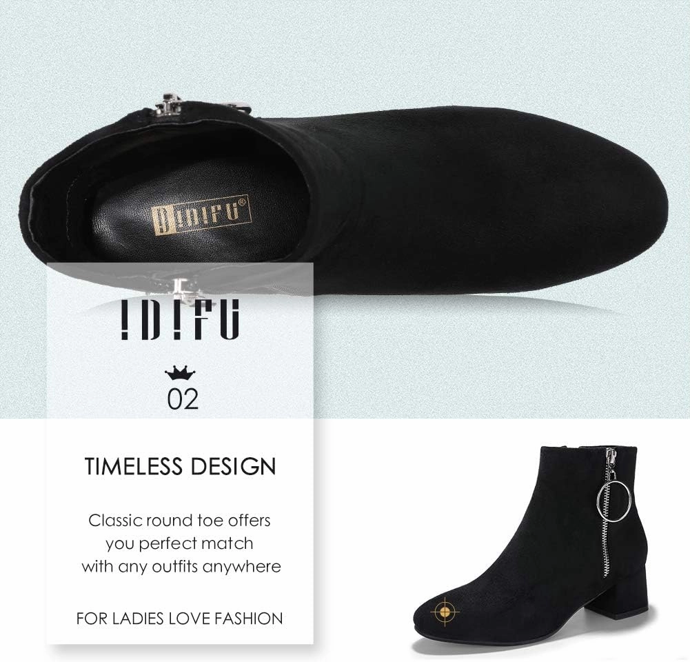 IDIFU Women Ring Zipper Ankle Boots 1.8 Inch Low Block Heels Round Toe Dress Booties
