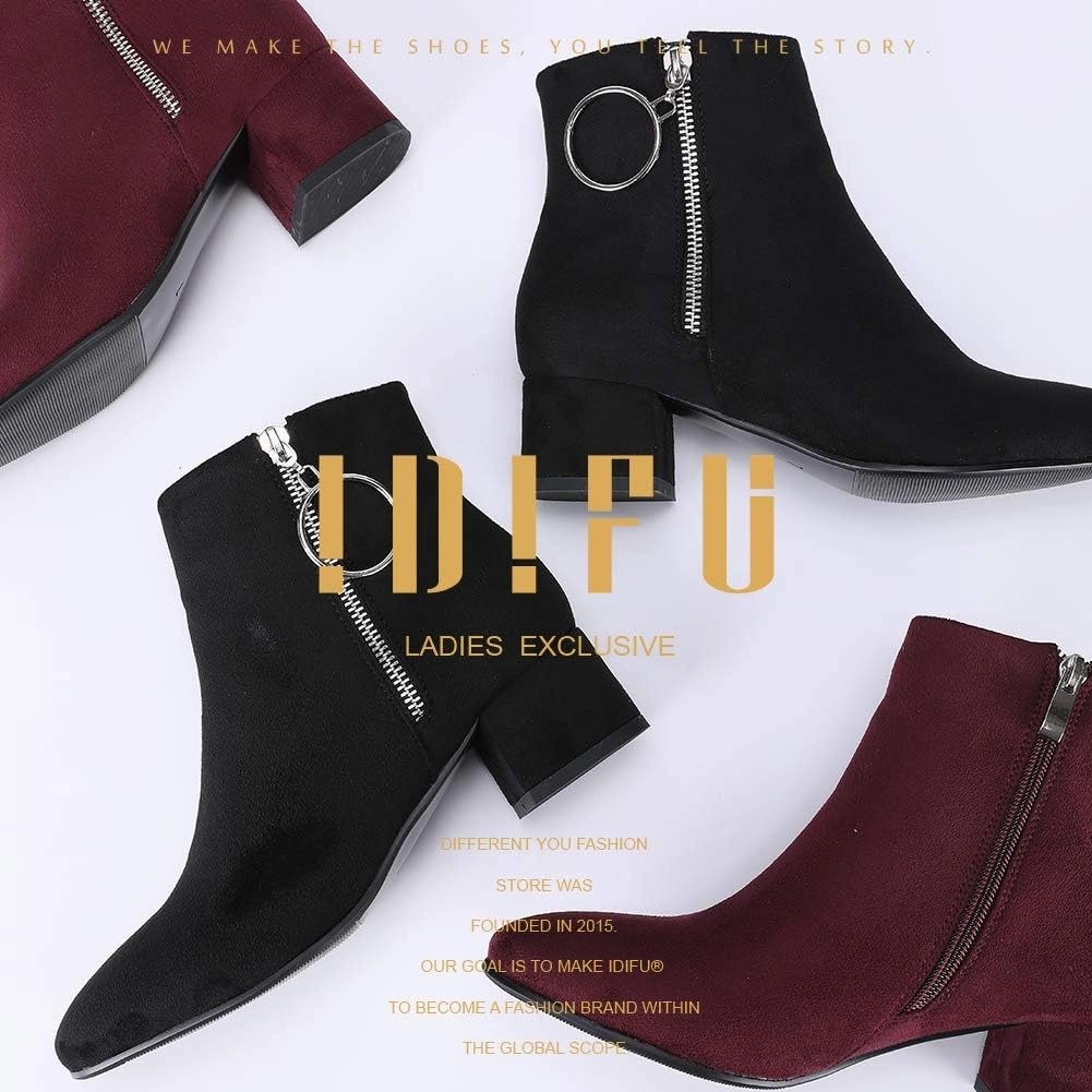 IDIFU Women Ring Zipper Ankle Boots 1.8 Inch Low Block Heels Round Toe Dress Booties