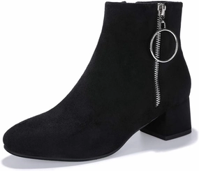 IDIFU Women Ring Zipper Ankle Boots 1.8 Inch Low Block Heels Round Toe Dress Booties