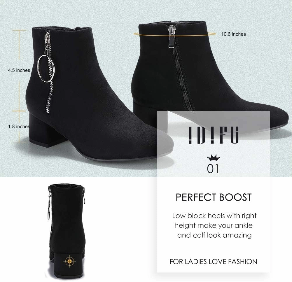 IDIFU Women Ring Zipper Ankle Boots 1.8 Inch Low Block Heels Round Toe Dress Booties