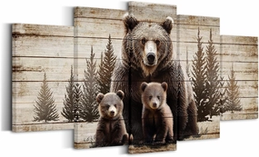 iKNOW FOTO Large 5 Piece Vintage Grizzly Bear Canvas Wall Art Brown Bear Family Forest Painting Farmhouse Cabin Decor Gallery Wrapped Canvas Prints Ready to Hang 60x32 Inches
