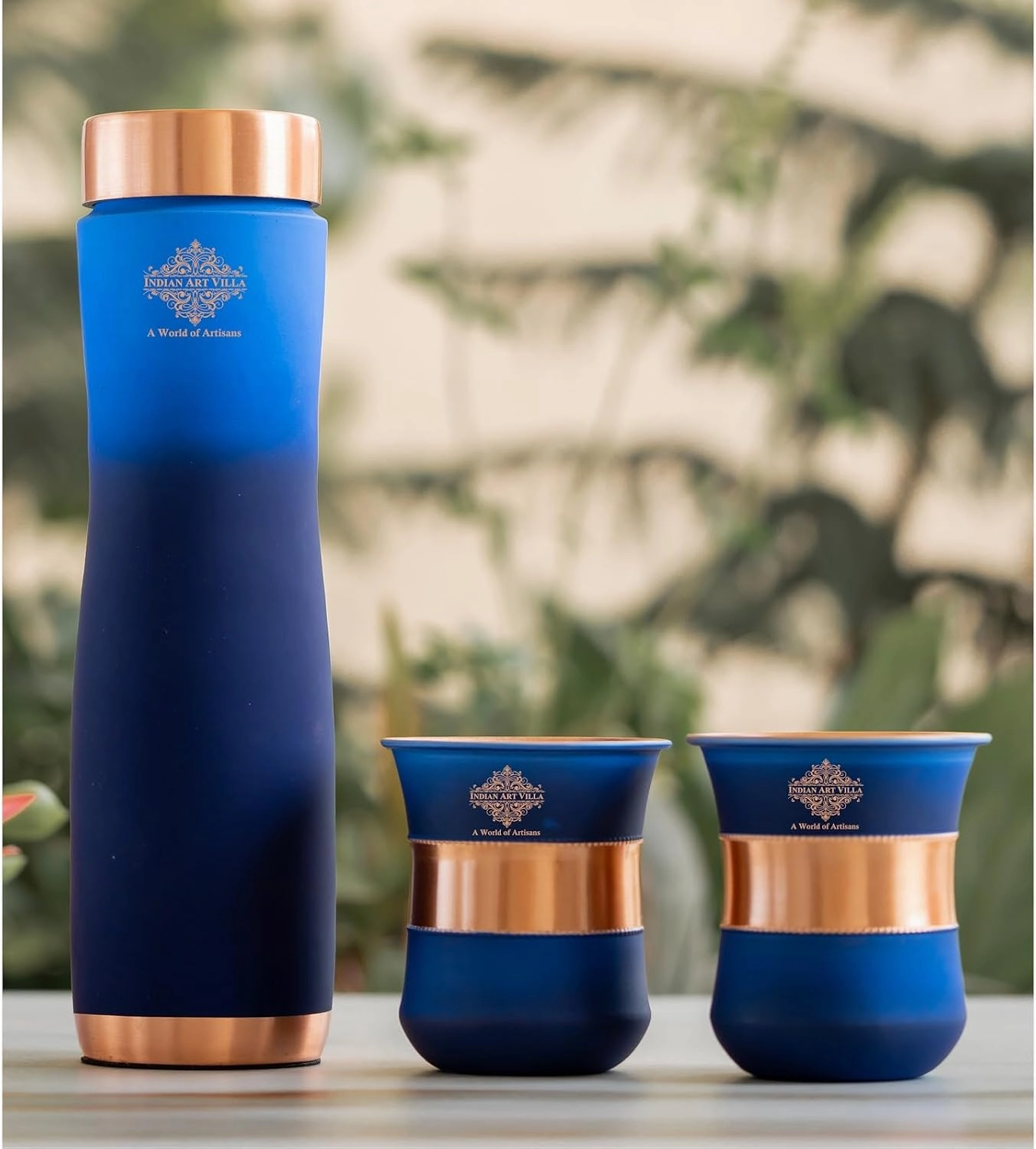Indian Art Villa Copper Bottle & Drinkware Set - 1 Bottle (30 Oz) & 2 Glasses (10 Oz Each) - Copper with Blue Ombre Silk Finish, Ideal for Gifting & Everyday Use