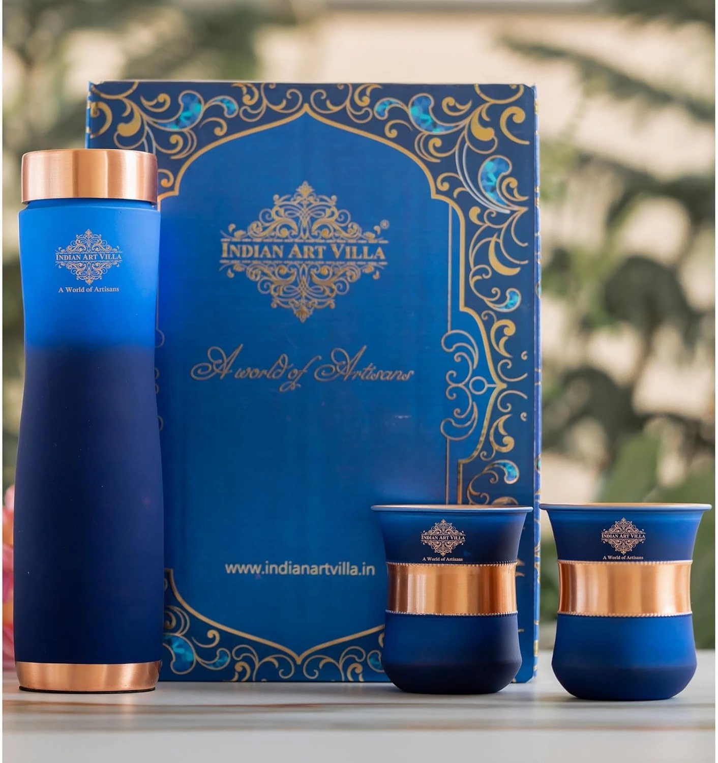 Indian Art Villa Copper Bottle & Drinkware Set - 1 Bottle (30 Oz) & 2 Glasses (10 Oz Each) - Copper with Blue Ombre Silk Finish, Ideal for Gifting & Everyday Use