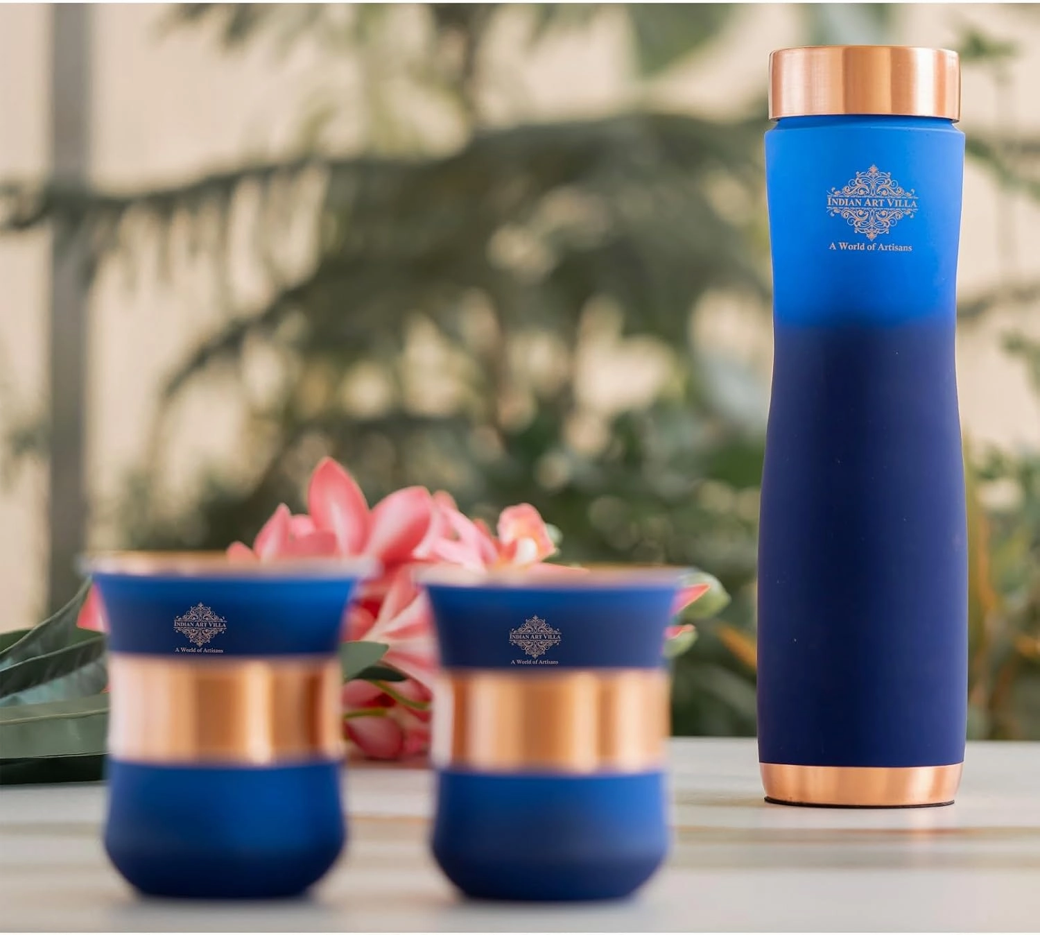 Indian Art Villa Copper Bottle & Drinkware Set - 1 Bottle (30 Oz) & 2 Glasses (10 Oz Each) - Copper with Blue Ombre Silk Finish, Ideal for Gifting & Everyday Use