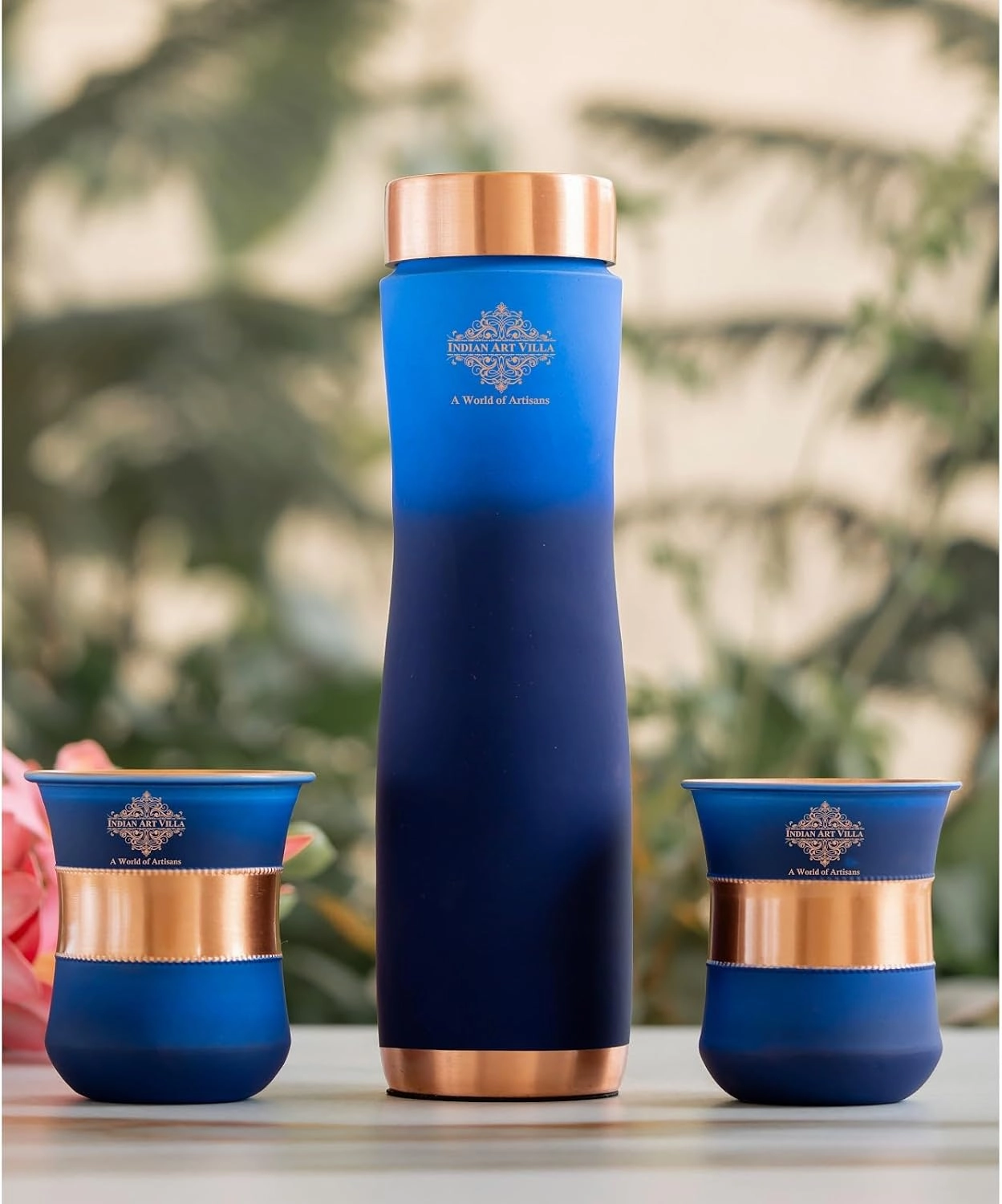 Indian Art Villa Copper Bottle & Drinkware Set - 1 Bottle (30 Oz) & 2 Glasses (10 Oz Each) - Copper with Blue Ombre Silk Finish, Ideal for Gifting & Everyday Use