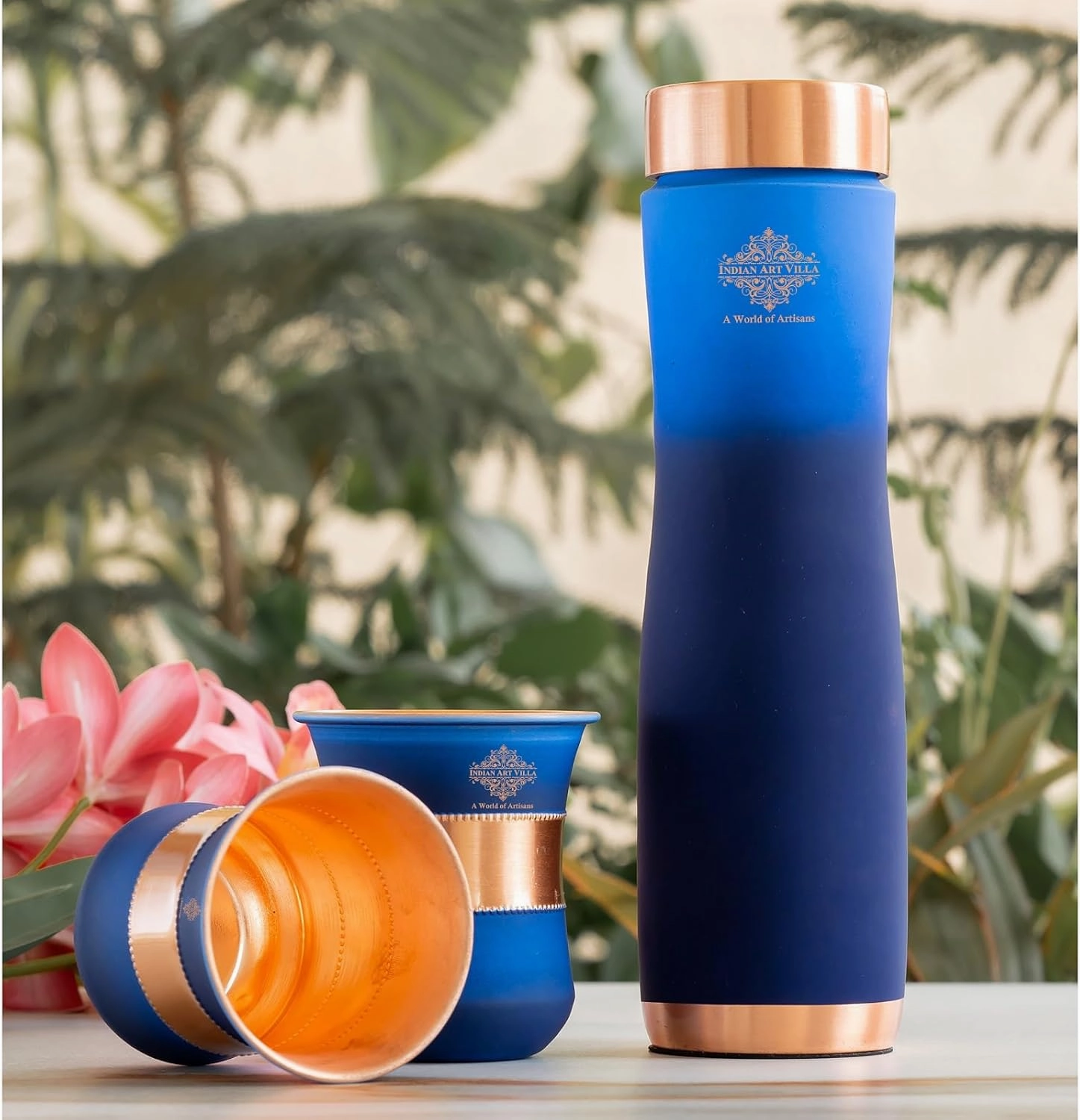Indian Art Villa Copper Bottle & Drinkware Set - 1 Bottle (30 Oz) & 2 Glasses (10 Oz Each) - Copper with Blue Ombre Silk Finish, Ideal for Gifting & Everyday Use