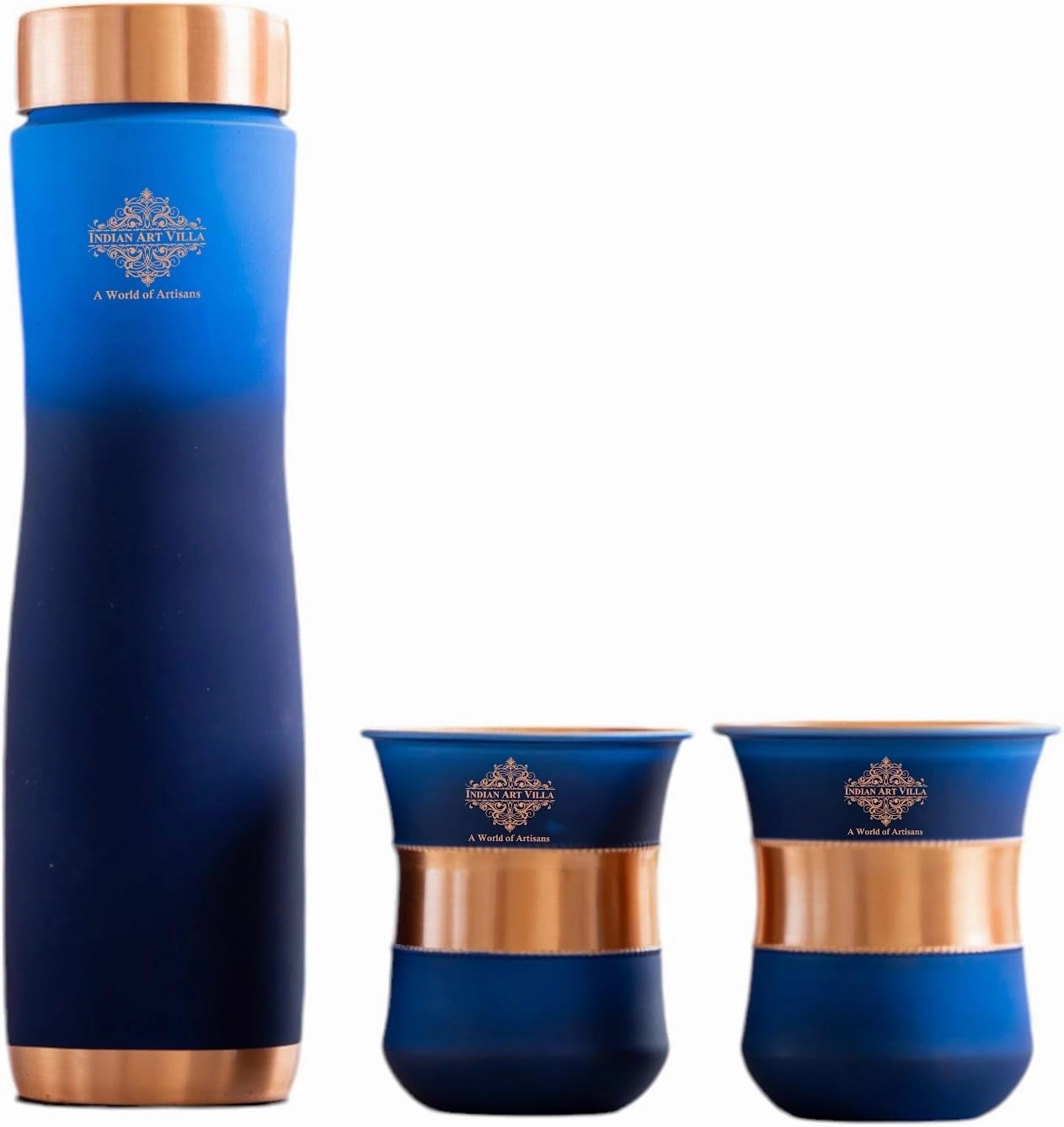 Indian Art Villa Copper Bottle & Drinkware Set - 1 Bottle (30 Oz) & 2 Glasses (10 Oz Each) - Copper with Blue Ombre Silk Finish, Ideal for Gifting & Everyday Use