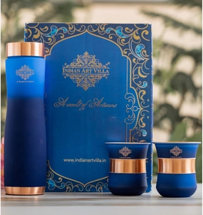 Indian Art Villa Copper Bottle & Drinkware Set - 1 Bottle (30 Oz) & 2 Glasses (10 Oz Each) - Copper with Blue Ombre Silk Finish, Ideal for Gifting & Everyday Use