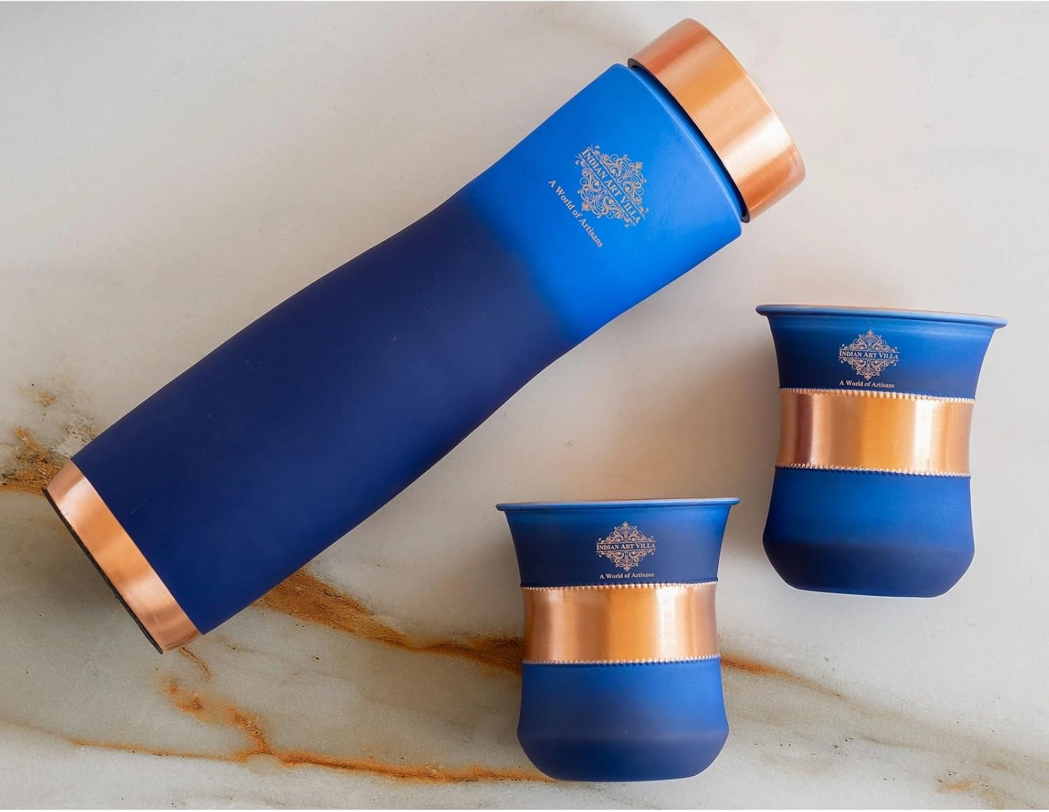 Indian Art Villa Copper Bottle & Drinkware Set - 1 Bottle (30 Oz) & 2 Glasses (10 Oz Each) - Copper with Blue Ombre Silk Finish, Ideal for Gifting & Everyday Use