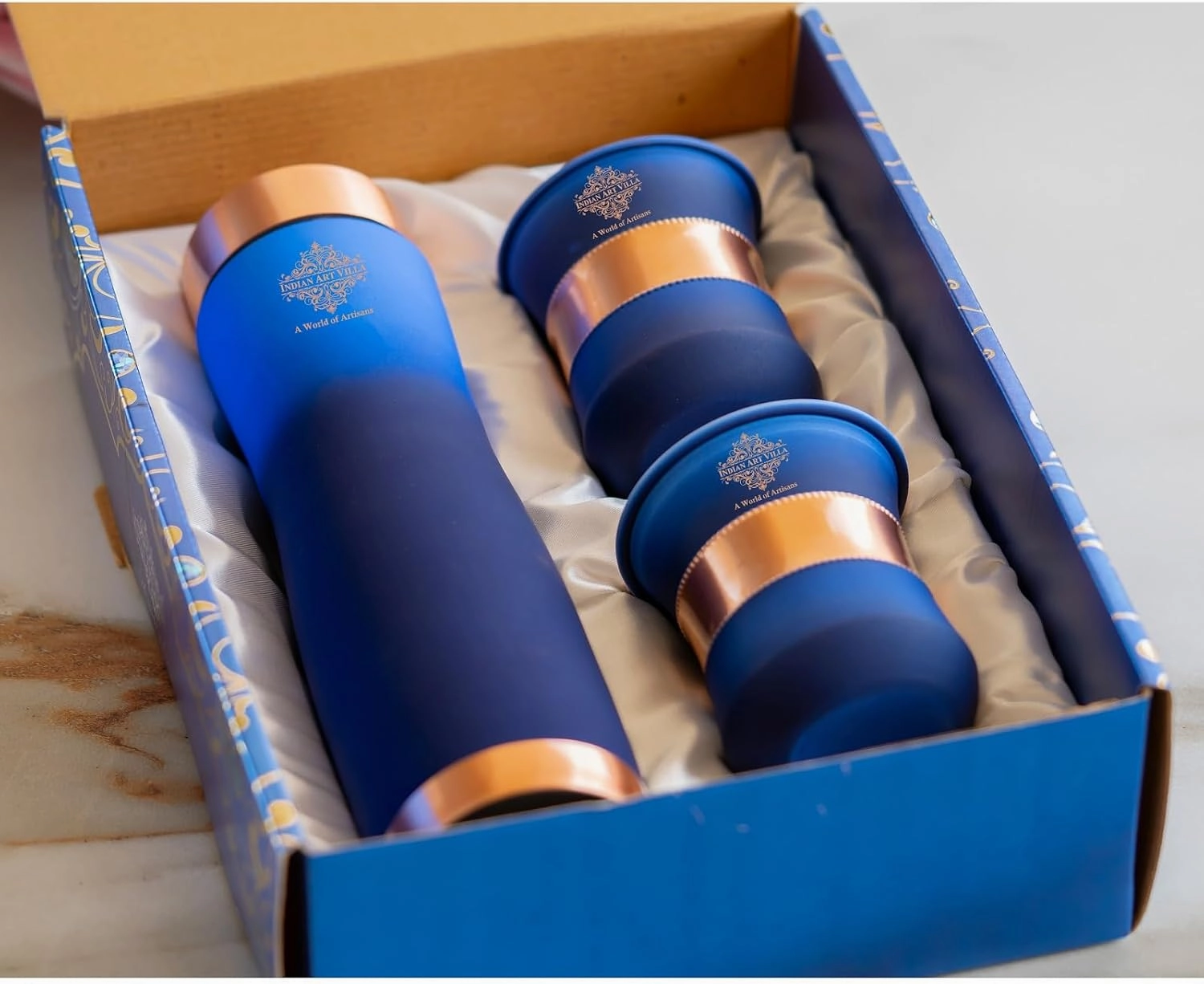 Indian Art Villa Copper Bottle & Drinkware Set - 1 Bottle (30 Oz) & 2 Glasses (10 Oz Each) - Copper with Blue Ombre Silk Finish, Ideal for Gifting & Everyday Use