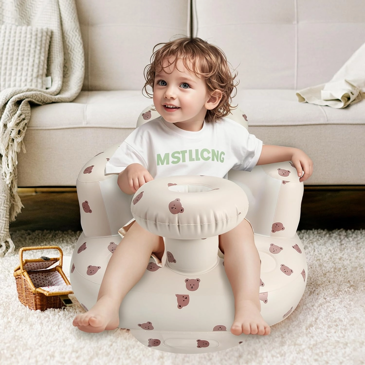 Inflatable Baby Seat for 3-36 Months, Back Support, Built-in Air Pump, Learning to Sit, Blow Up Floor Seat with Tray