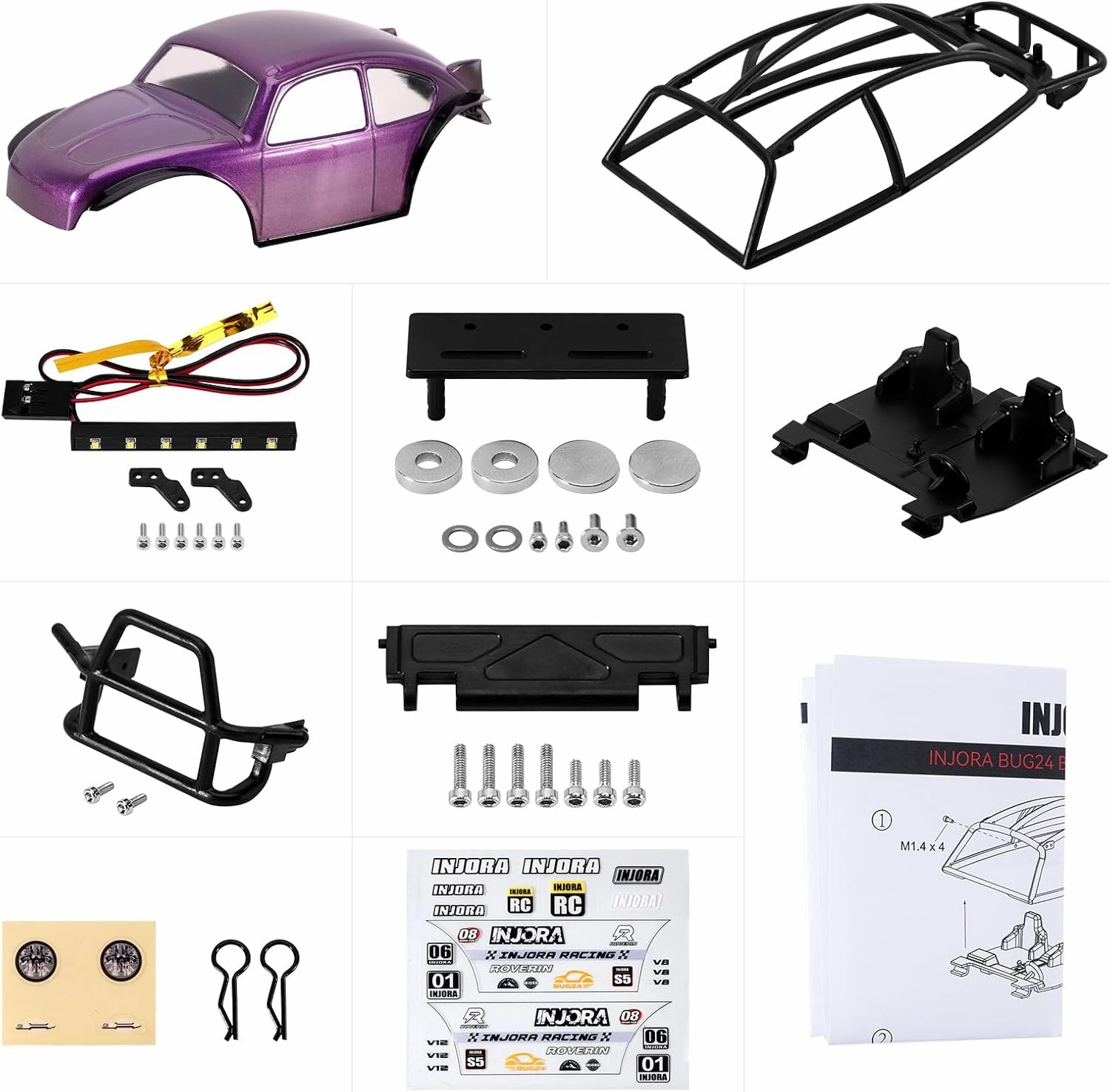INJORA BUG24 Body with Roll Cage for 1/24 Axial SCX24 C10 JLU Bronco Base Camp Upgrade(Purple)