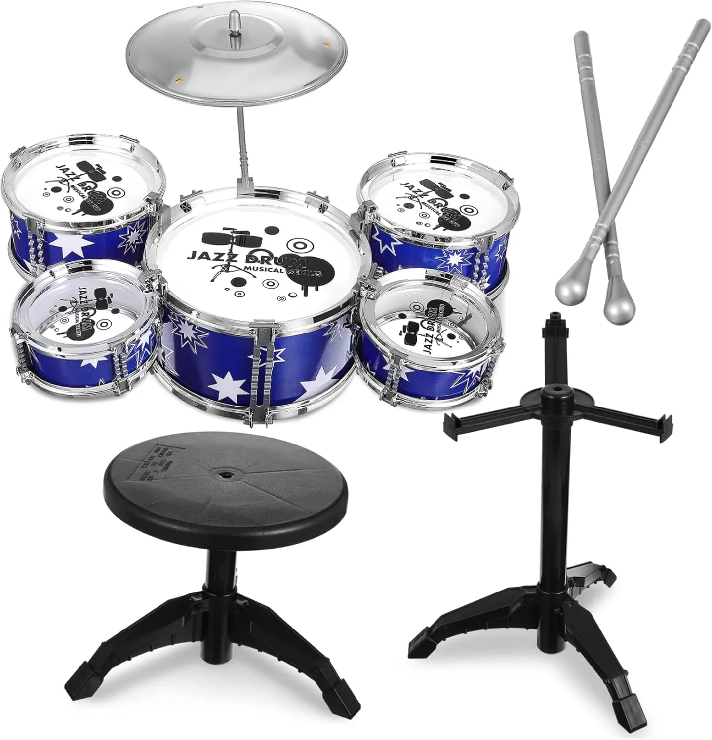 Jazz Drum Set for Percussion Kit with Stool Design Complete Musical Instruments Playset for Boys for Early Music Education