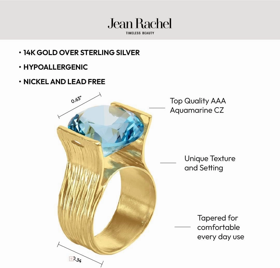 JEAN RACHEL JEWELRY 14K Gold Plated Sterling Silver Ring with 11.75 TCW Cubic Zirconia - Textured Band Vintage Design - Hypoallergenic, Lead & Nickel Free Jewelry Statement Rings for Women