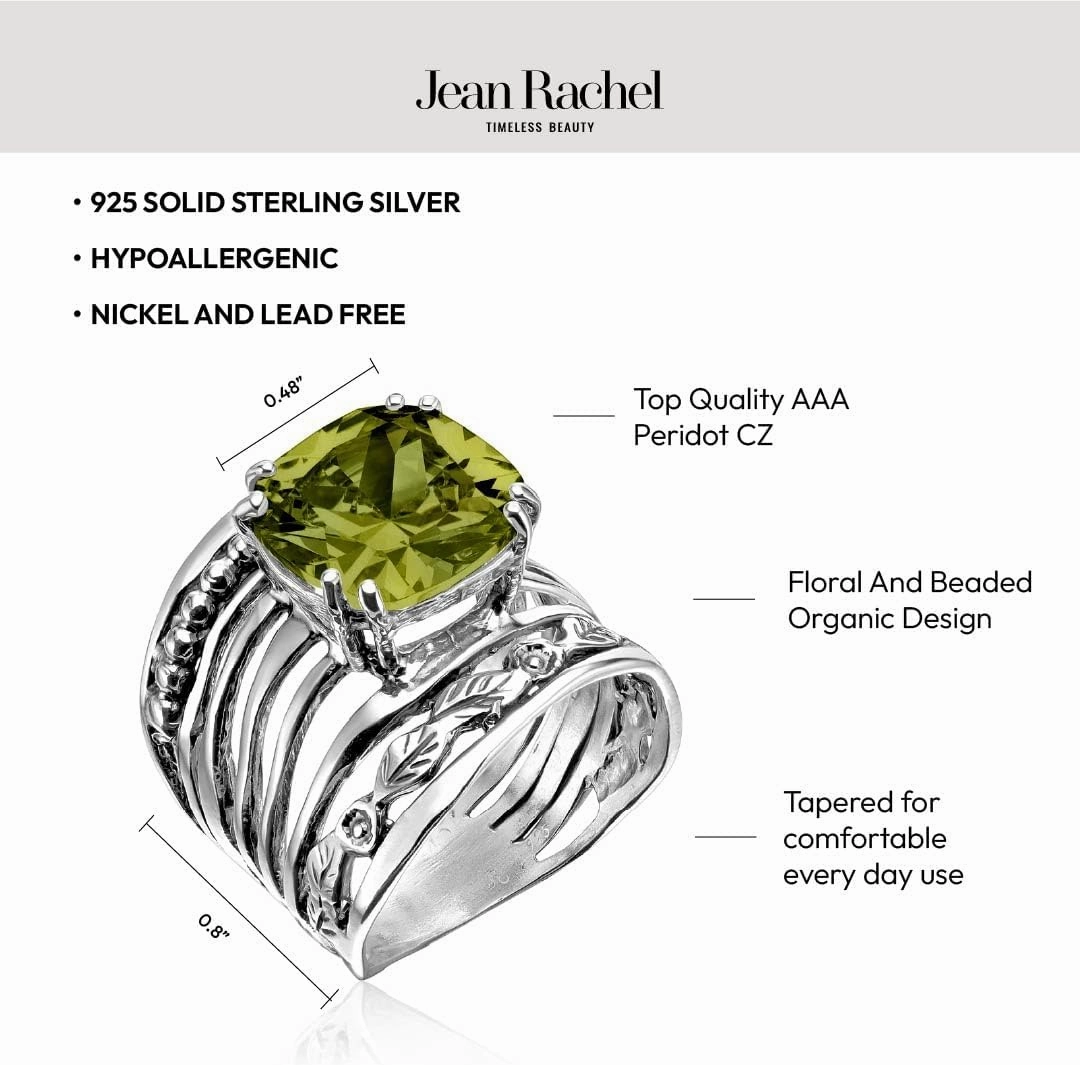 JEAN RACHEL JEWELRY 925 Sterling Silver Ring with 12mm Cushion Shaped Cubic Zirconia Vintage Design - Hypoallergenic, Lead & Nickel Free - Artisan Handcrafted Statement Rings for Women