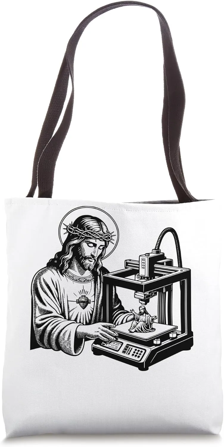 Jesus Christ Printing a Figure of Himself 3D Printer Funny Tote Bag