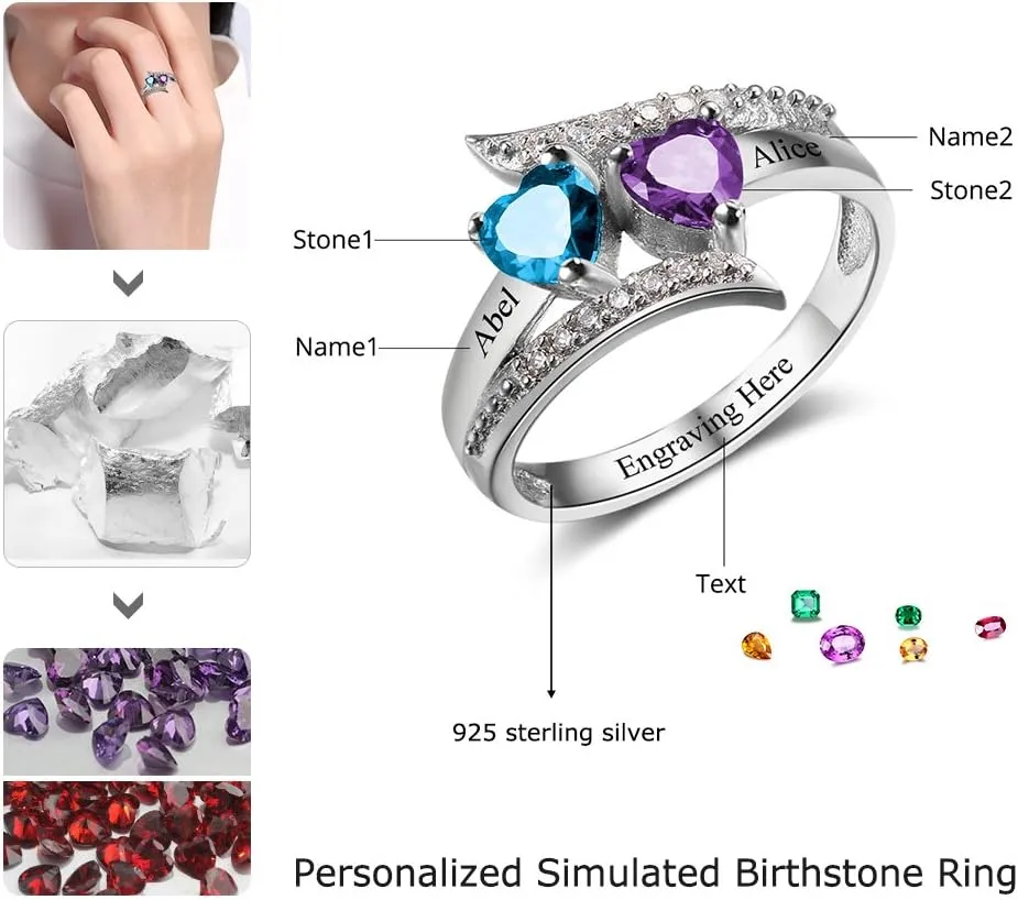 JewelOra Personalized Birthstone Rings for Women Promise Rings for Her Women Mother Rings with Engraved 2 Names Customized Gifts for Mom
