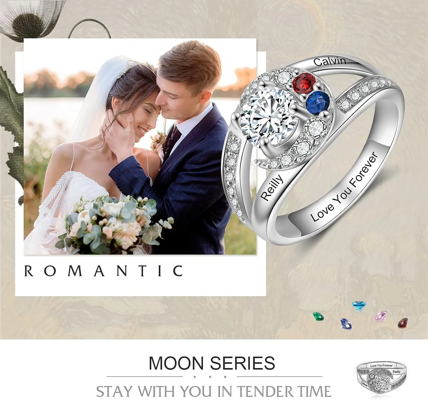 JewelOra Personalized Promise Ring for Her Custom Moon Engagement Ring with Simulated Birthstones Engraved Names Wedding Ring Jewelry Gift for Women Mom