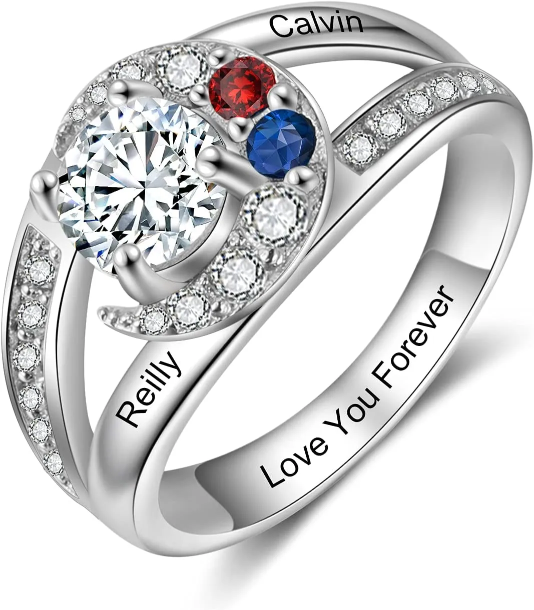 JewelOra Personalized Promise Ring for Her Custom Moon Engagement Ring with Simulated Birthstones Engraved Names Wedding Ring Jewelry Gift for Women Mom