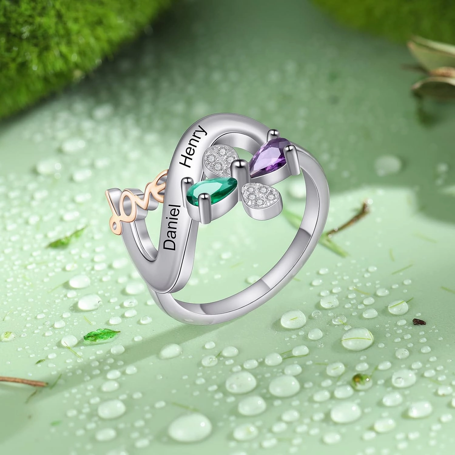 JewelOra Personalized Infinity Promise Ring for Her Customized Butterfly Wedding Ring with Simulated Birthstones Engraved Name Engagement Ring for Mother Grandma