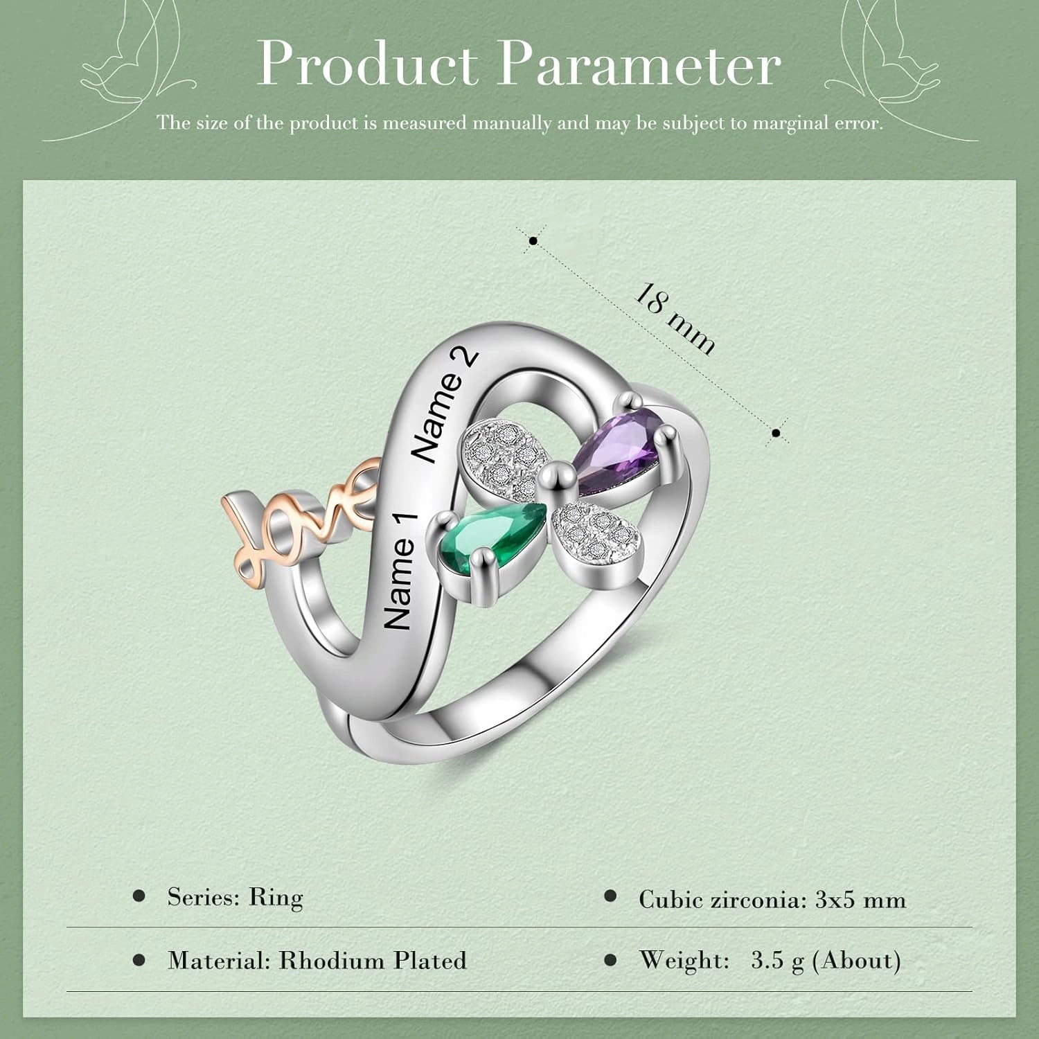 JewelOra Personalized Infinity Promise Ring for Her Customized Butterfly Wedding Ring with Simulated Birthstones Engraved Name Engagement Ring for Mother Grandma