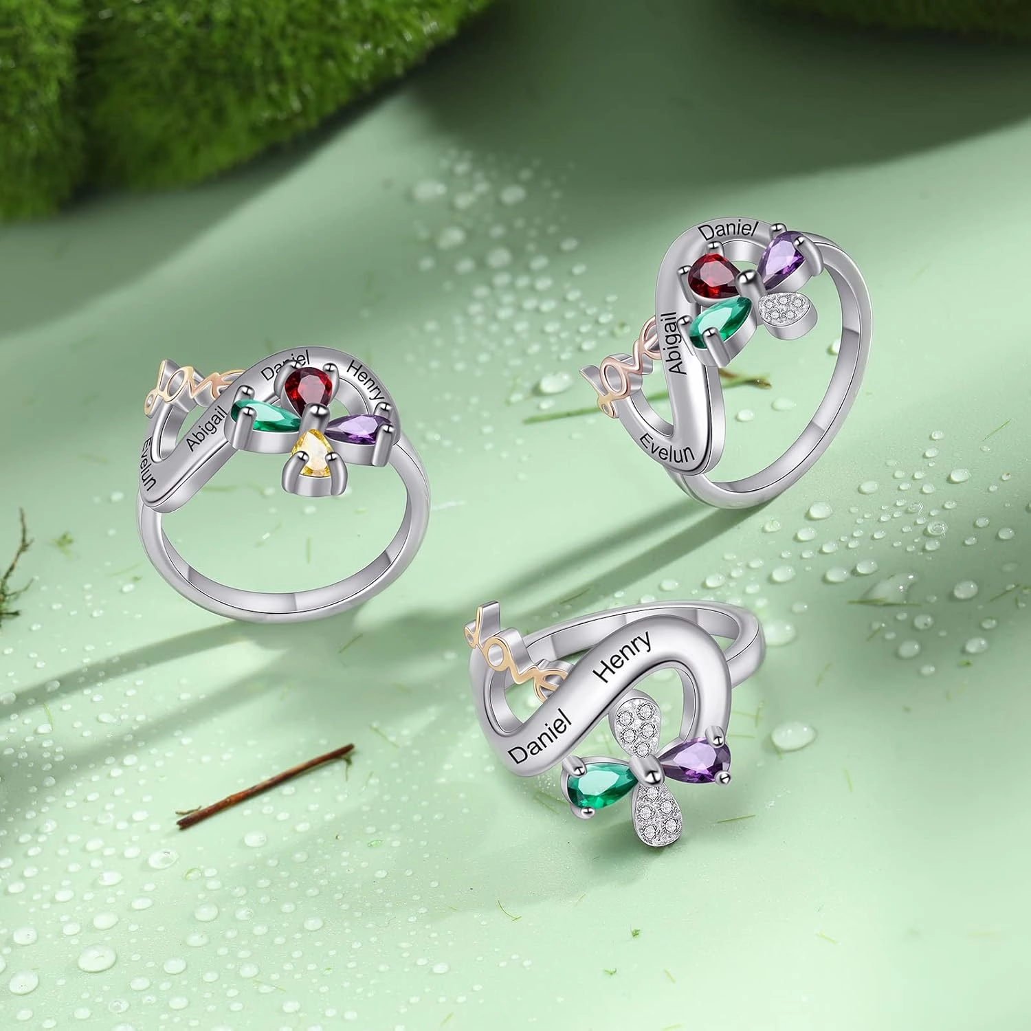 JewelOra Personalized Infinity Promise Ring for Her Customized Butterfly Wedding Ring with Simulated Birthstones Engraved Name Engagement Ring for Mother Grandma