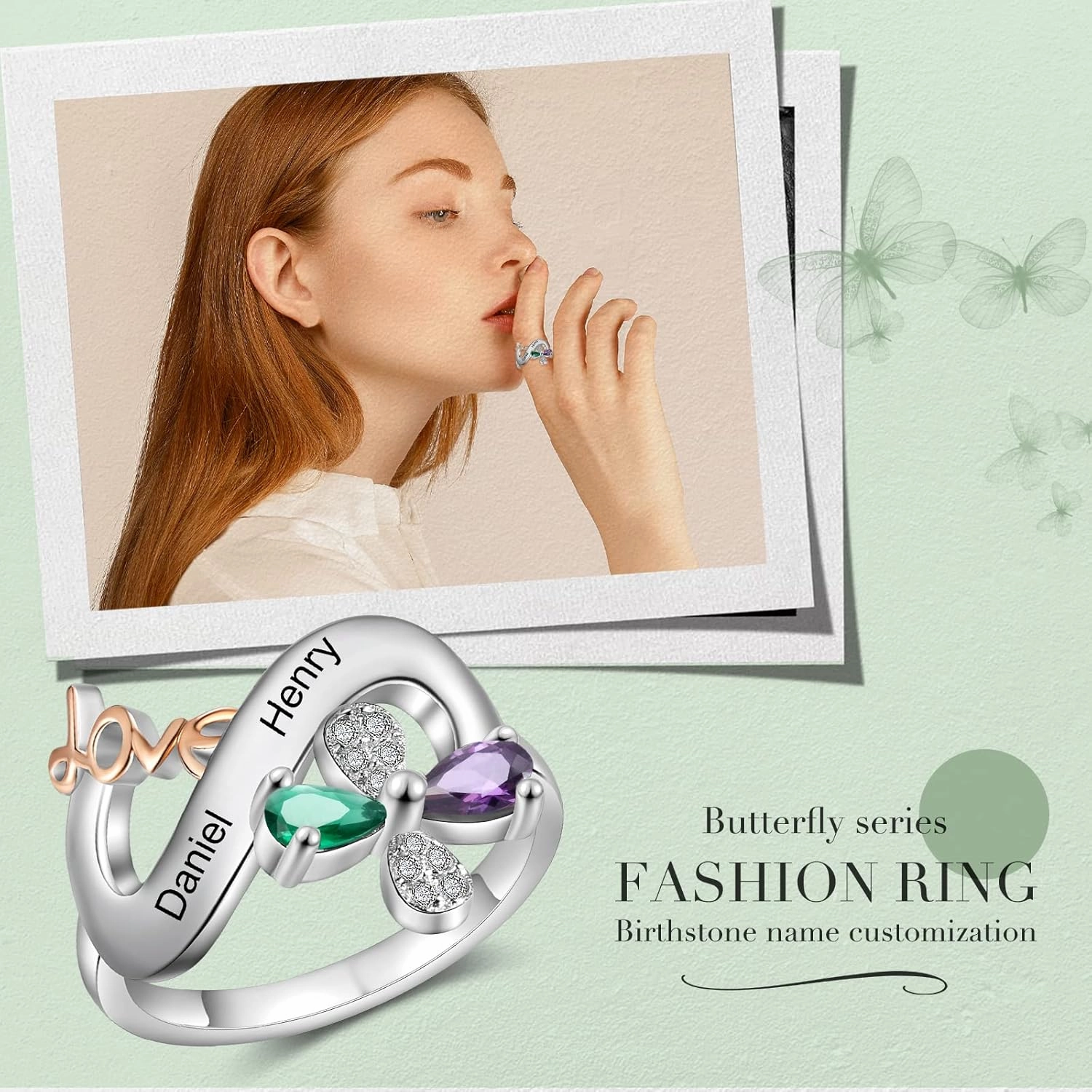 JewelOra Personalized Infinity Promise Ring for Her Customized Butterfly Wedding Ring with Simulated Birthstones Engraved Name Engagement Ring for Mother Grandma
