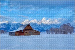 Jigsaw Puzzles 1000 Pieces for Adult Abandoned Moulton Barn Mormon Row Sunrise Winter Christmas Tetons Puzzle Game for Family Wooden Puzzle Toy Educational Games Puzzles for Home Decor