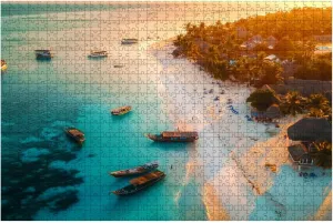 Jigsaw Puzzles 1000 Pieces for Adult Aerial View Fishing Boats Tropical sea Coast Sandy Beach Sunset Summer Puzzle Game for Family Wooden Puzzle Toy Educational Games Puzzles for Home Decor