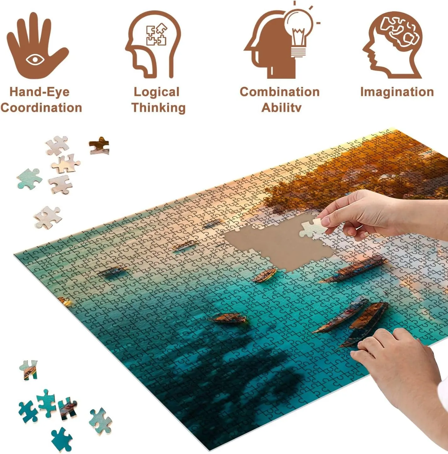 Jigsaw Puzzles 1000 Pieces for Adult Aerial View Fishing Boats Tropical sea Coast Sandy Beach Sunset Summer Puzzle Game for Family Wooden Puzzle Toy Educational Games Puzzles for Home Decor