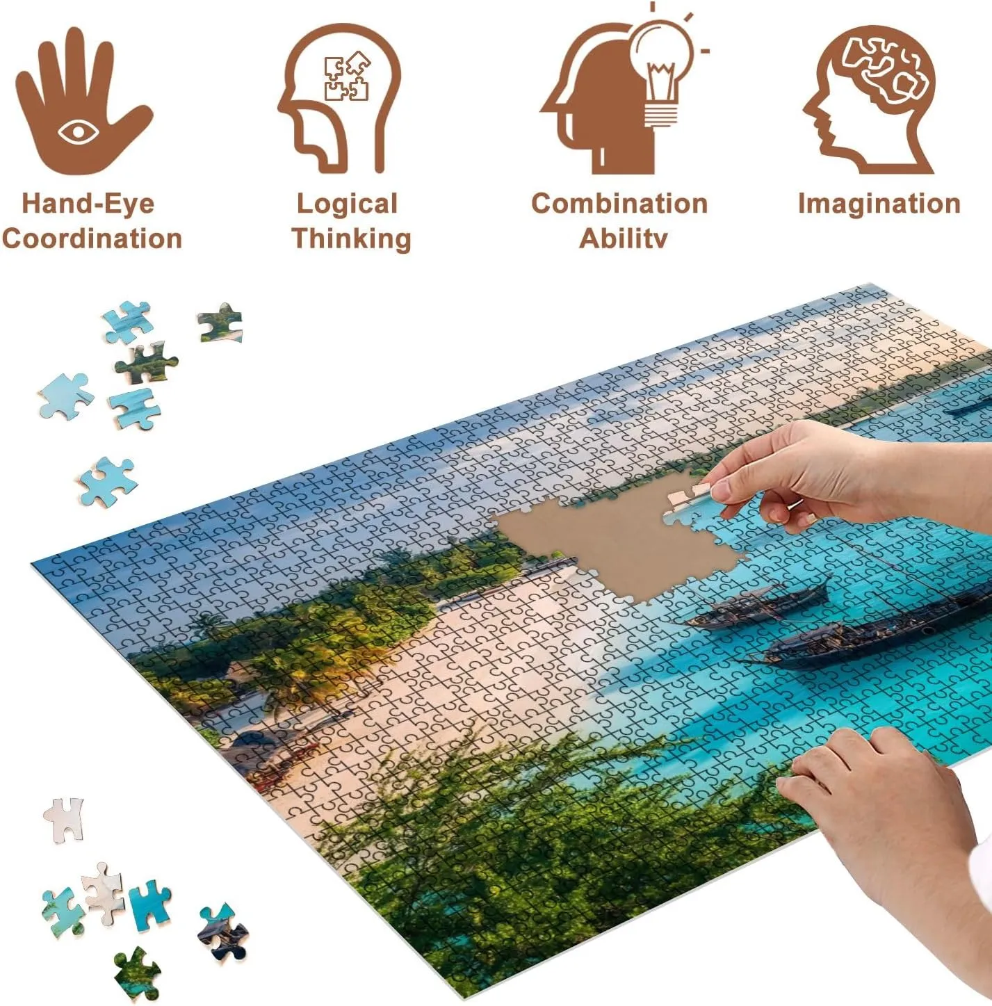 Jigsaw Puzzles 1000 Pieces for Adult Aerial View Fishing Boats Tropical sea Coast White Sandy Beach Sunset Puzzle Game for Family Wooden Puzzle Toy Educational Games Puzzles for Home Decor