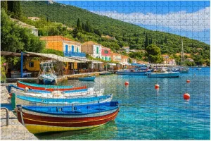 Jigsaw Puzzles 1000 Pieces for Adult Colourful Greek Fishing Boats Port Kioni Ithaca Island Greece Puzzle Game for Family Wooden Puzzle Toy Educational Games Puzzles for Home Decor