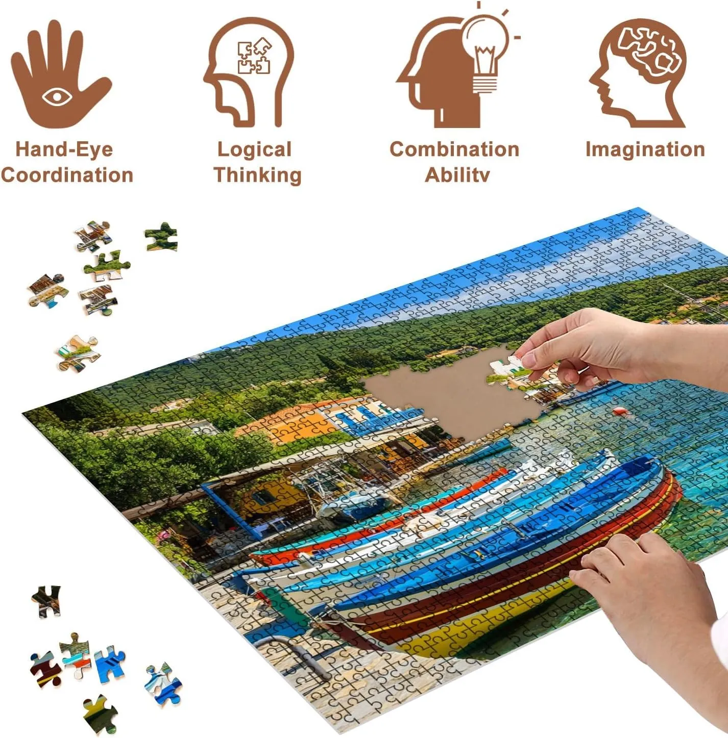 Jigsaw Puzzles 1000 Pieces for Adult Colourful Greek Fishing Boats Port Kioni Ithaca Island Greece Puzzle Game for Family Wooden Puzzle Toy Educational Games Puzzles for Home Decor