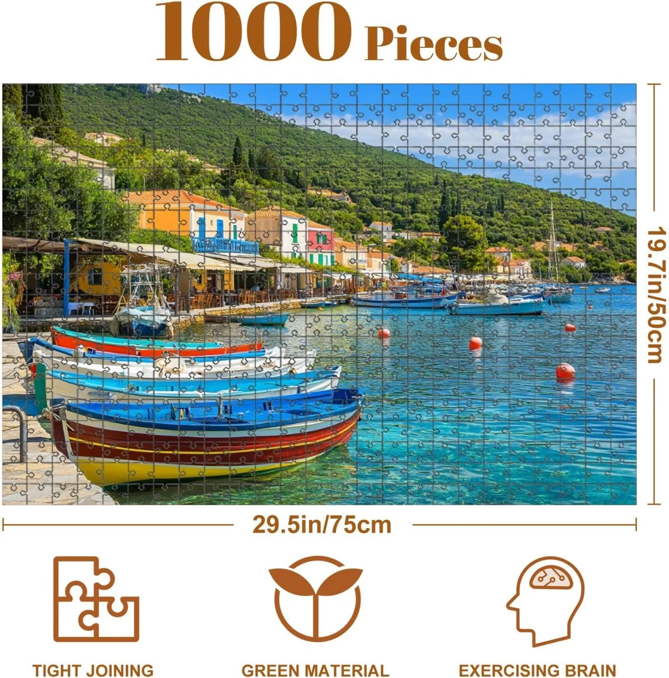 Jigsaw Puzzles 1000 Pieces for Adult Colourful Greek Fishing Boats Port Kioni Ithaca Island Greece Puzzle Game for Family Wooden Puzzle Toy Educational Games Puzzles for Home Decor