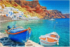 Jigsaw Puzzles 1000 Pieces for Adult Greece Breathtaking Beautiful Landscape Two Fishing Boats Anchored to Puzzle Game for Family Wooden Puzzle Toy Educational Games Puzzles for Home Decor