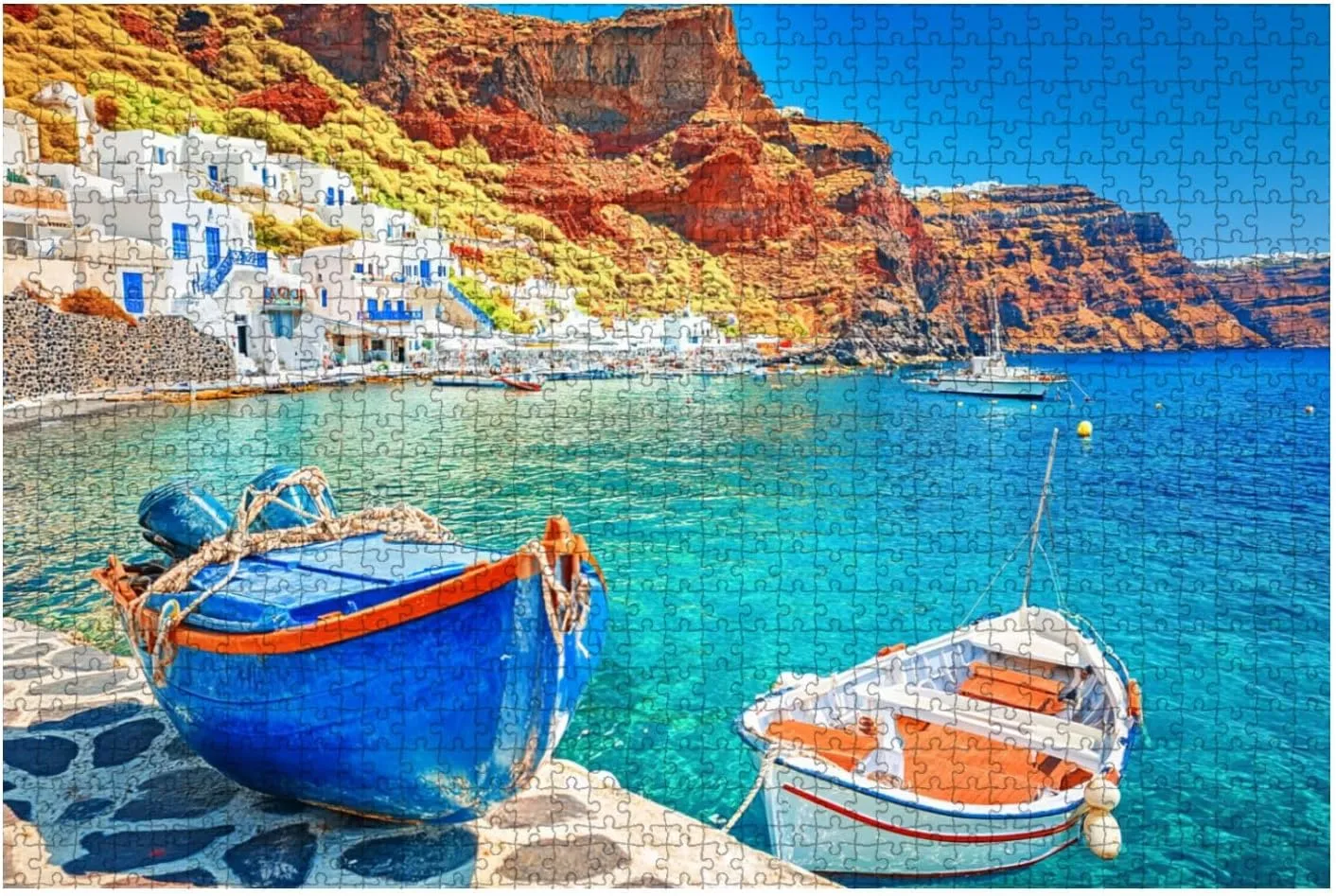 Jigsaw Puzzles 1000 Pieces for Adult Greece Breathtaking Beautiful Landscape Two Fishing Boats Anchored to Puzzle Game for Family Wooden Puzzle Toy Educational Games Puzzles for Home Decor