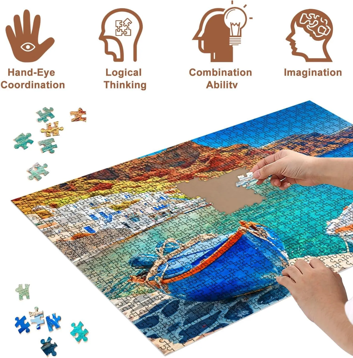 Jigsaw Puzzles 1000 Pieces for Adult Greece Breathtaking Beautiful Landscape Two Fishing Boats Anchored to Puzzle Game for Family Wooden Puzzle Toy Educational Games Puzzles for Home Decor
